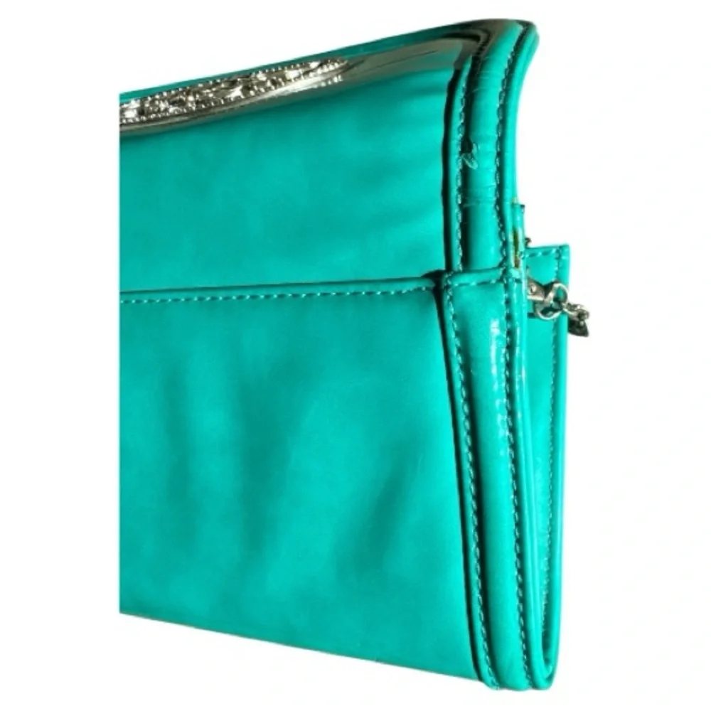Melie Bianco Patent Gloss Clutch Aqua Green Metal Strap